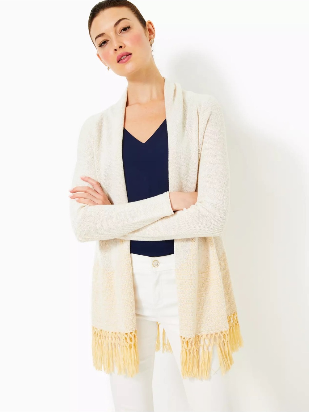 Lilly Pulitzer Tatum Long Fringe Open-Front Women's Sweater Gold Metallic